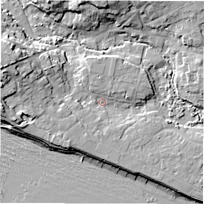 Shaded relief map of the ground around SO410PJ, computed from Environment Agency LiDAR. The ground here sits at about 4 m above sea level and falls 16 m across the surrounding 800 m. Surface water reaching this point runs off ground lying to the south-west, 4.7 m higher.