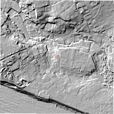 Shaded relief map of the ground around SO410PL, computed from Environment Agency LiDAR. The ground here sits at about 6 m above sea level and falls 17 m across the surrounding 800 m. Surface water reaching this point runs off ground lying to the east, 2.3 m higher.