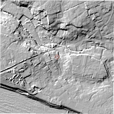 Shaded relief map of the ground around SO410PN, computed from Environment Agency LiDAR. The ground here sits at about 4 m above sea level and falls 17 m across the surrounding 800 m. Surface water reaching this point runs off ground lying to the west-south-west, 13.4 m higher.