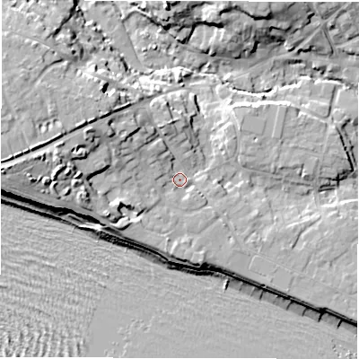 Shaded relief map of the ground around SO410PW, computed from Environment Agency LiDAR. The ground here sits at about 6 m above sea level and falls 17 m across the surrounding 800 m. Surface water reaching this point runs off ground lying to the west, 9.8 m higher.