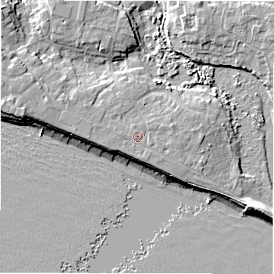 Shaded relief map of the ground around SO410PY, computed from Environment Agency LiDAR. The ground here sits at about 5 m above sea level and falls 9 m across the surrounding 800 m. Surface water reaching this point runs off ground lying to the west-north-west, 1.4 m higher.