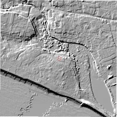 Shaded relief map of the ground around SO410PZ, computed from Environment Agency LiDAR. The ground here sits at about 4 m above sea level and falls 8 m across the surrounding 800 m. Surface water reaching this point runs off ground lying to the south-west, 2.6 m higher.