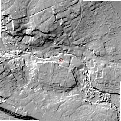 Shaded relief map of the ground around SO410QA, computed from Environment Agency LiDAR. The ground here sits at about 3 m above sea level and falls 17 m across the surrounding 800 m. Surface water reaching this point runs off ground lying to the south-west, 2.5 m higher.