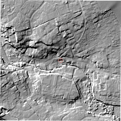Shaded relief map of the ground around SO410QD, computed from Environment Agency LiDAR. The ground here sits at about 3 m above sea level and falls 16 m across the surrounding 800 m. Surface water reaching this point runs off ground lying to the south-west, 5.6 m higher.