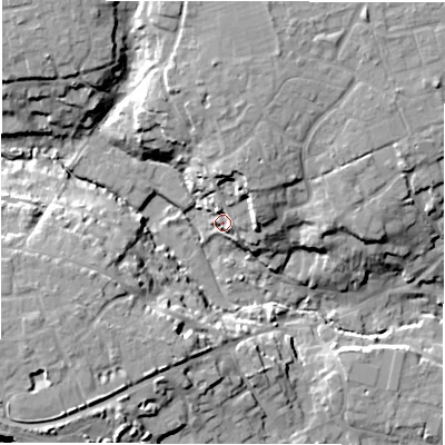 Shaded relief map of the ground around SO410RL, computed from Environment Agency LiDAR. The ground here sits at about 7 m above sea level and falls 16 m across the surrounding 800 m. Surface water reaching this point runs off ground lying to the north-north-east, 11.2 m higher.