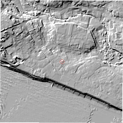 Shaded relief map of the ground around SO410SZ, computed from Environment Agency LiDAR. The ground here sits at about 5 m above sea level and falls 16 m across the surrounding 800 m. Surface water reaching this point runs off ground lying to the south-west, 2.6 m higher.