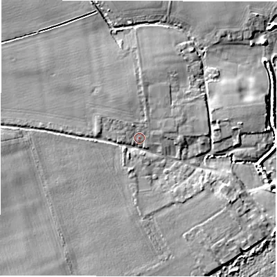 Shaded relief map of the ground around SO410TH, computed from Environment Agency LiDAR. The ground here sits at about 3 m above sea level and falls 5 m across the surrounding 800 m. Surface water reaching this point runs off ground lying to the north, 2.4 m higher.