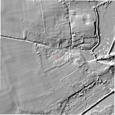 Shaded relief map of the ground around SO410TN, computed from Environment Agency LiDAR. The ground here sits at about 2 m above sea level and falls 5 m across the surrounding 800 m. Surface water reaching this point runs off ground lying to the south, 1.1 m higher.