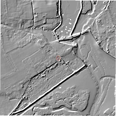 Shaded relief map of the ground around SO410TP, computed from Environment Agency LiDAR. The ground here sits at about 1 m above sea level and falls 5 m across the surrounding 800 m. Surface water reaching this point runs off ground lying to the south-west, 3.8 m higher.