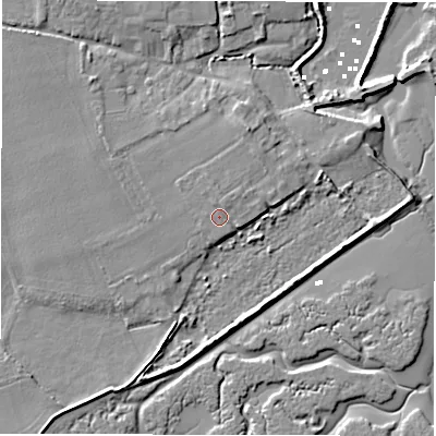 Shaded relief map of the ground around SO410TQ, computed from Environment Agency LiDAR. The ground here sits at about 2 m above sea level and falls 5 m across the surrounding 800 m. Surface water reaching this point runs off ground lying to the north-north-east, 1.1 m higher.