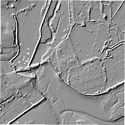 Shaded relief map of the ground around SO410TR, computed from Environment Agency LiDAR. The ground here sits at about 2 m above sea level and falls 5 m across the surrounding 800 m. Surface water reaching this point runs off ground lying to the east-south-east, 0.7 m higher.