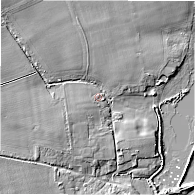 Shaded relief map of the ground around SO410TS, computed from Environment Agency LiDAR. The ground here sits at about 2 m above sea level and falls 7 m across the surrounding 800 m. Surface water reaching this point runs off ground lying to the south-west, 2.6 m higher.