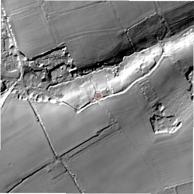 Shaded relief map of the ground around SO410TT, computed from Environment Agency LiDAR. The ground here sits at about 9 m above sea level and falls 15 m across the surrounding 800 m. Surface water reaching this point runs off ground lying to the south-south-west, 4.6 m higher.