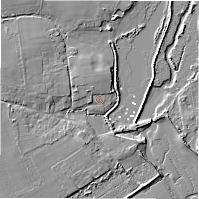 Shaded relief map of the ground around SO410TZ, computed from Environment Agency LiDAR. The ground here sits at about 2 m above sea level and falls 6 m across the surrounding 800 m. Surface water reaching this point runs off ground lying to the north-west, 1.6 m higher.