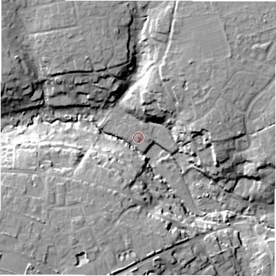 Shaded relief map of the ground around SO410UG, computed from Environment Agency LiDAR. The ground here sits at about 4 m above sea level and falls 16 m across the surrounding 800 m. Surface water reaching this point runs off ground lying to the north-north-east, 0.5 m higher.
