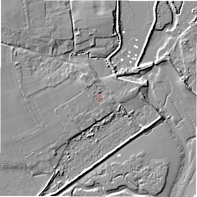 Shaded relief map of the ground around SO410UN, computed from Environment Agency LiDAR. The ground here sits at about 2 m above sea level and falls 5 m across the surrounding 800 m. Surface water reaching this point runs off ground lying to the west, 0.7 m higher.