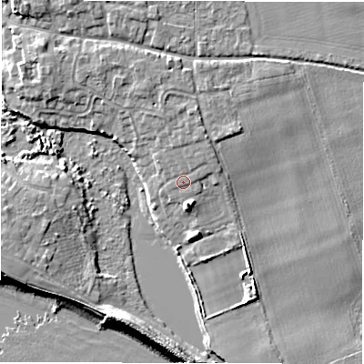 Shaded relief map of the ground around SO410UQ, computed from Environment Agency LiDAR. The ground here sits at about 4 m above sea level and falls 8 m across the surrounding 800 m. Surface water reaching this point runs off ground lying to the north-north-east, 1.2 m higher.