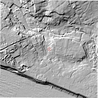 Shaded relief map of the ground around SO410UR, computed from Environment Agency LiDAR. The ground here sits at about 4 m above sea level and falls 17 m across the surrounding 800 m. Surface water reaching this point runs off ground lying to the west, 11.7 m higher.