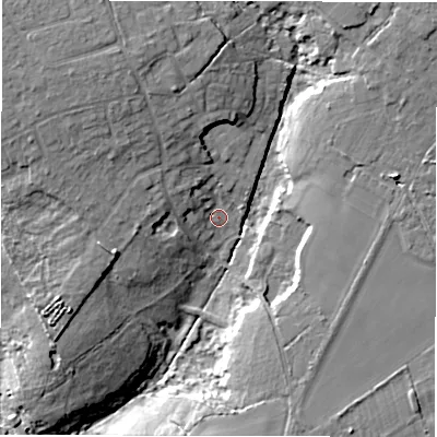 Shaded relief map of the ground around SO410YQ, computed from Environment Agency LiDAR. The ground here sits at about 26 m above sea level and falls 20 m across the surrounding 800 m. Surface water reaching this point runs off ground lying to the north-north-west, 10.7 m higher.