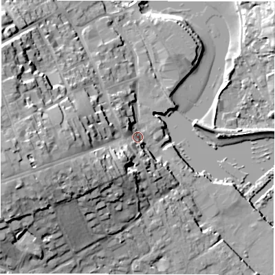 Shaded relief map of the ground around SO413AR, computed from Environment Agency LiDAR. The ground here sits at about 4 m above sea level and falls 25 m across the surrounding 800 m. Surface water reaching this point runs off ground lying to the west, 21.5 m higher.
