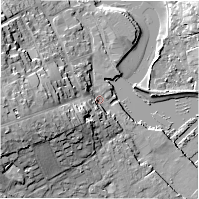 Shaded relief map of the ground around SO413AS, computed from Environment Agency LiDAR. The ground here sits at about 2 m above sea level and falls 25 m across the surrounding 800 m. Surface water reaching this point runs off ground lying to the south-west, 13.4 m higher.
