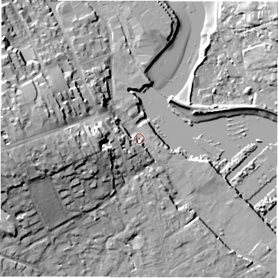 Shaded relief map of the ground around SO413AT, computed from Environment Agency LiDAR. The ground here sits at about 2 m above sea level and falls 25 m across the surrounding 800 m. Surface water reaching this point runs off ground lying to the west-south-west, 7.6 m higher.