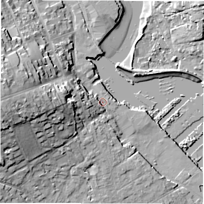 Shaded relief map of the ground around SO413AX, computed from Environment Agency LiDAR. The ground here sits at about 2 m above sea level and falls 25 m across the surrounding 800 m. Surface water reaching this point runs off ground lying to the west-south-west, 6.7 m higher.