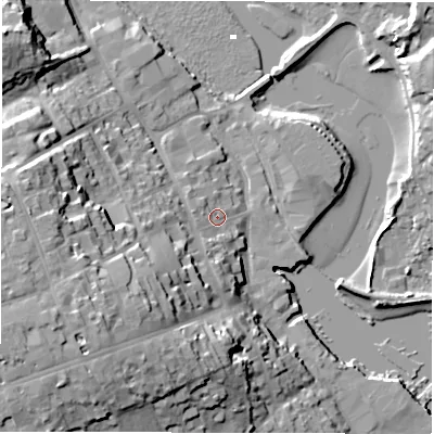 Shaded relief map of the ground around SO413BA, computed from Environment Agency LiDAR. The ground here sits at about 4 m above sea level and falls 25 m across the surrounding 800 m. Surface water reaching this point runs off ground lying to the south-west, 16.7 m higher.