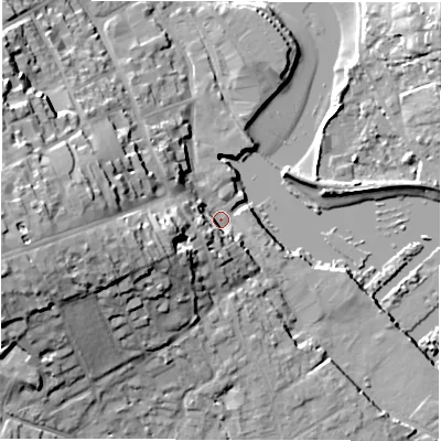 Shaded relief map of the ground around SO413ET, computed from Environment Agency LiDAR. The ground here sits at about 2 m above sea level and falls 25 m across the surrounding 800 m. Surface water reaching this point runs off ground lying to the west-south-west, 9.2 m higher.