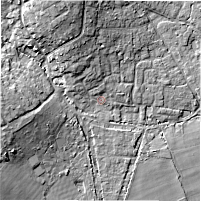 Shaded relief map of the ground around SO413NB, computed from Environment Agency LiDAR. The ground here sits at about 5 m above sea level and falls 14 m across the surrounding 800 m. Surface water reaching this point runs off ground lying to the north-north-west, 10.7 m higher.