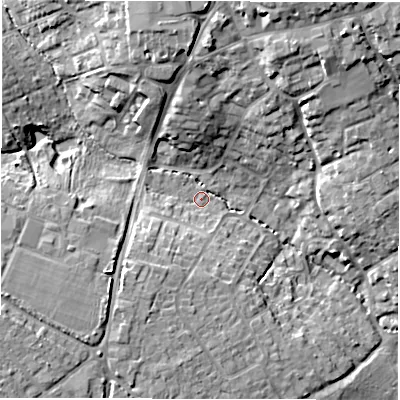 Shaded relief map of the ground around SO413NW, computed from Environment Agency LiDAR. The ground here sits at about 10 m above sea level and falls 17 m across the surrounding 800 m. Surface water reaching this point runs off ground lying to the south-west, 8.3 m higher.