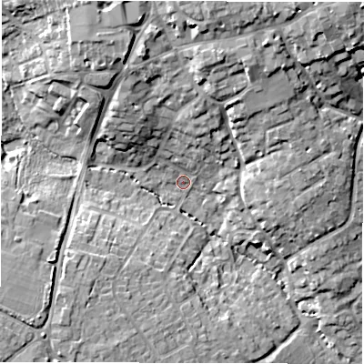 Shaded relief map of the ground around SO413NY, computed from Environment Agency LiDAR. The ground here sits at about 10 m above sea level and falls 18 m across the surrounding 800 m. Surface water reaching this point runs off ground lying to the north, 14.8 m higher.