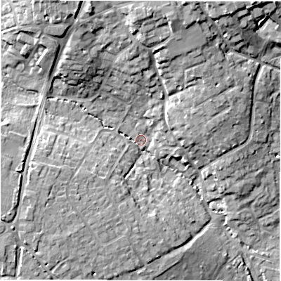 Shaded relief map of the ground around SO413NZ, computed from Environment Agency LiDAR. The ground here sits at about 8 m above sea level and falls 18 m across the surrounding 800 m. Surface water reaching this point runs off ground lying to the north-north-west, 15.0 m higher.