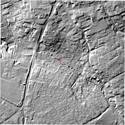 Shaded relief map of the ground around SO413PH, computed from Environment Agency LiDAR. The ground here sits at about 9 m above sea level and falls 17 m across the surrounding 800 m. Surface water reaching this point runs off ground lying to the north, 14.4 m higher.