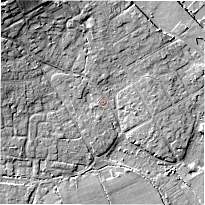Shaded relief map of the ground around SO413PS, computed from Environment Agency LiDAR. The ground here sits at about 2 m above sea level and falls 16 m across the surrounding 800 m. Surface water reaching this point runs off ground lying to the north, 2.8 m higher.