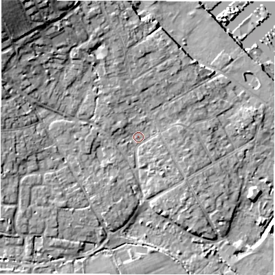 Shaded relief map of the ground around SO413PW, computed from Environment Agency LiDAR. The ground here sits at about 3 m above sea level and falls 18 m across the surrounding 800 m. Surface water reaching this point runs off ground lying to the north-north-west, 5.7 m higher.