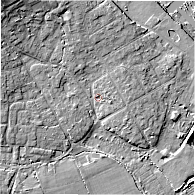 Shaded relief map of the ground around SO413PX, computed from Environment Agency LiDAR. The ground here sits at about 3 m above sea level and falls 14 m across the surrounding 800 m. Surface water reaching this point runs off ground lying to the north-north-west, 4.9 m higher.