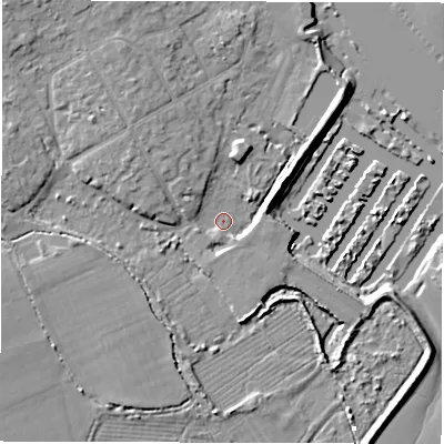 Shaded relief map of the ground around SO413QD, computed from Environment Agency LiDAR. The ground here sits at about 1 m above sea level and falls 7 m across the surrounding 800 m. Surface water reaching this point runs off ground lying to the north-east, 4.1 m higher.