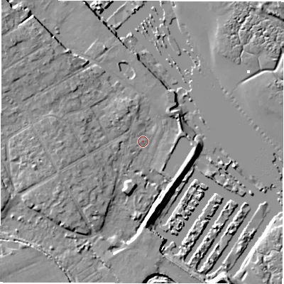 Shaded relief map of the ground around SO413QE, computed from Environment Agency LiDAR. The ground here sits at about 1 m above sea level and falls 8 m across the surrounding 800 m. Surface water reaching this point runs off ground lying to the west-north-west, 3.4 m higher.