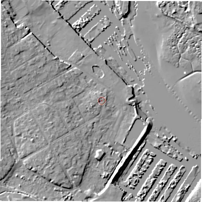 Shaded relief map of the ground around SO413QF, computed from Environment Agency LiDAR. The ground here sits at about 2 m above sea level and falls 9 m across the surrounding 800 m. Surface water reaching this point runs off ground lying to the west-north-west, 1.7 m higher.