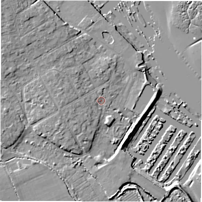 Shaded relief map of the ground around SO413QG, computed from Environment Agency LiDAR. The ground here sits at about 1 m above sea level and falls 9 m across the surrounding 800 m. Surface water reaching this point runs off ground lying to the west-south-west, 2.3 m higher.