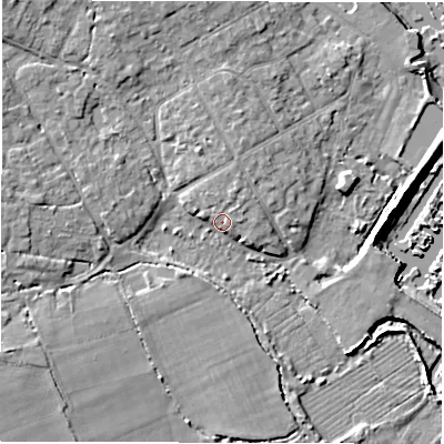 Shaded relief map of the ground around SO413QH, computed from Environment Agency LiDAR. The ground here sits at about 2 m above sea level and falls 7 m across the surrounding 800 m. Surface water reaching this point runs off ground lying to the north-north-east, 2.1 m higher.