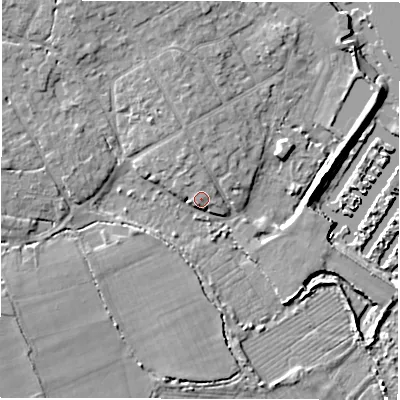 Shaded relief map of the ground around SO413QJ, computed from Environment Agency LiDAR. The ground here sits at about 3 m above sea level and falls 7 m across the surrounding 800 m. Surface water reaching this point runs off ground lying to the north-north-west, 2.1 m higher.