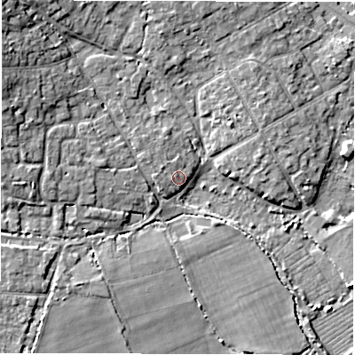 Shaded relief map of the ground around SO413QL, computed from Environment Agency LiDAR. The ground here sits at about 2 m above sea level and falls 10 m across the surrounding 800 m. Surface water reaching this point runs off ground lying to the west-north-west, 1.4 m higher.