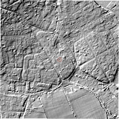 Shaded relief map of the ground around SO413QR, computed from Environment Agency LiDAR. The ground here sits at about 3 m above sea level and falls 12 m across the surrounding 800 m. Surface water reaching this point runs off ground lying to the west, 0.7 m higher.