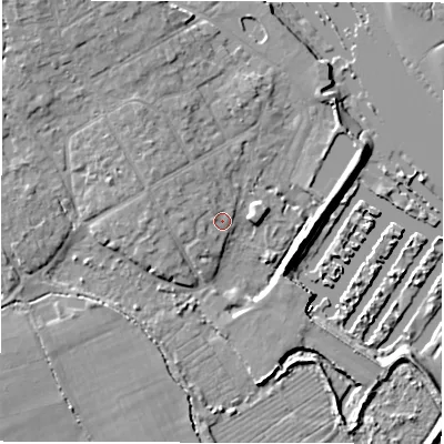 Shaded relief map of the ground around SO413QY, computed from Environment Agency LiDAR. The ground here sits at about 2 m above sea level and falls 8 m across the surrounding 800 m. Surface water reaching this point runs off ground lying to the west-north-west, 3.0 m higher.