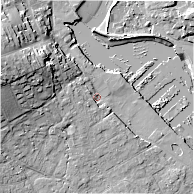 Shaded relief map of the ground around SO413RU, computed from Environment Agency LiDAR. The ground here sits at about 2 m above sea level and falls 23 m across the surrounding 800 m. Surface water reaching this point runs off ground lying to the west-north-west, 19.4 m higher.