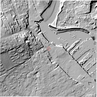 Shaded relief map of the ground around SO413RW, computed from Environment Agency LiDAR. The ground here sits at about 2 m above sea level and falls 24 m across the surrounding 800 m. Surface water reaching this point runs off ground lying to the west, 19.1 m higher.