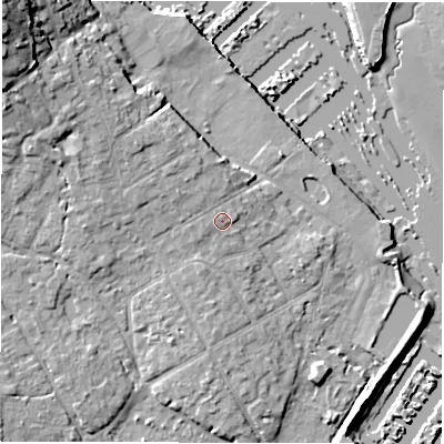 Shaded relief map of the ground around SO413SD, computed from Environment Agency LiDAR. The ground here sits at about 4 m above sea level and falls 18 m across the surrounding 800 m. Surface water reaching this point runs off ground lying to the north-west, 0.5 m higher.