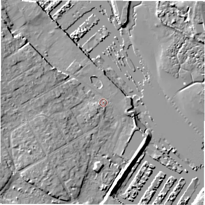 Shaded relief map of the ground around SO413SE, computed from Environment Agency LiDAR. The ground here sits at about 1 m above sea level and falls 10 m across the surrounding 800 m. Surface water reaching this point runs off ground lying to the west-north-west, 6.1 m higher.